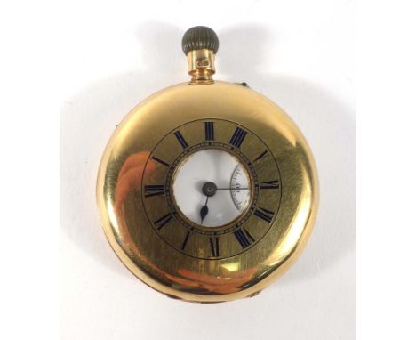 An 18ct yellow gold half hunter pocket watch by William Clarke, the white enamel dial with black Roman numerals and second ha