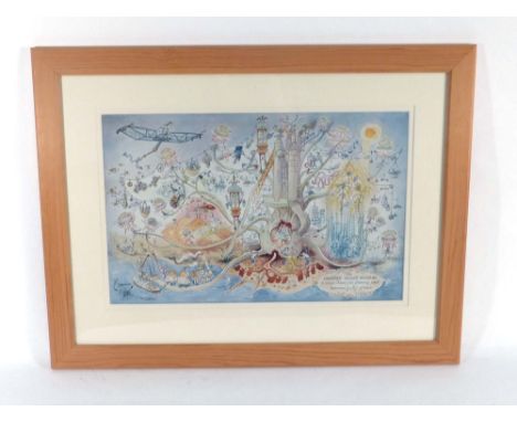 After Rowland Emett,'The Greater Marsh-Blossom',coloured reproduction,28.5 x 44 cm, together with a print after HRH The Princ