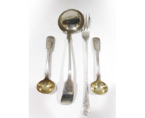 A Scottish silver fiddle pattern ladle, maker RK, Edinburgh 1837, together with a silver pickle fork and two silver gilt salt