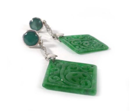 A pair of 18ct white gold ear pendants each set a circular cut emerald in a rubover setting above a diamond set section suspe