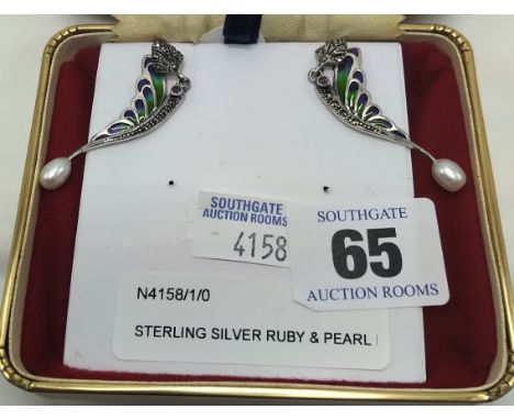STERLING SILVER RUBY &amp; PEARL EARRINGS