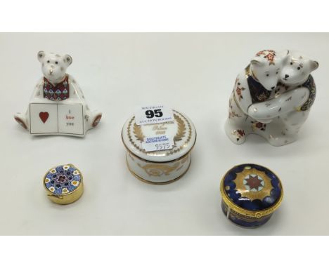 2 CROWN DERBY TEDDY BEARS &amp; 3 TRINKET BOXES