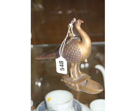 A SMALL BRASS INDIAN HANGING LAMP, in the form of a peacock, height approximately 15cm