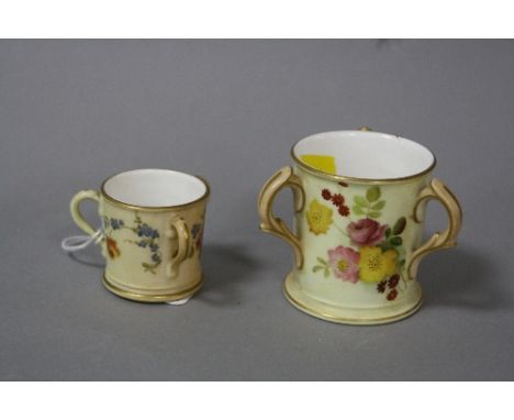 TWO SMALL ROYAL WORCESTER BLUSH IVORY TYGS, florally decorated, No.5171, puce backstamps, height of tallest 6cm (one cracked)