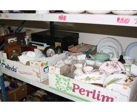 THREE BOXES AND LOOSE CERAMICS, GLASSWARE, etc (Worcester, 'Evesham' Tuscan teaset etc),  including two pot lids, table linen