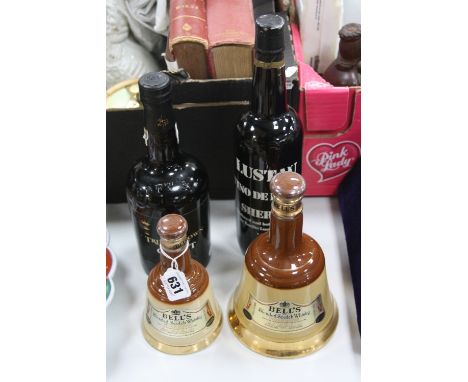 TWO BELLS SCOTCH WHISKY DECANTORS WITH CONTENTS, together with a bottle of Triple Crown Croft Port and Lustau Sherry (4) 