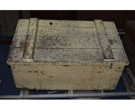 A VINTAGE PAINTED PINE TOOL BOX, containing spanners, etc