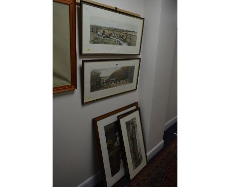 A SET OF FOUR HAND TINTED HUNTING PRINTS, after E.A.S Douglas engraved by C R Stock, together with a print of a girl and dogs