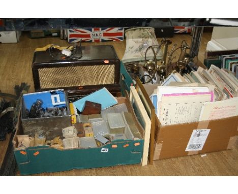 THREE BOXES OF VINTAGE RADIO VALVES, manuals, sheet music, light fittings, etc and a wooden cased Pilot radio 