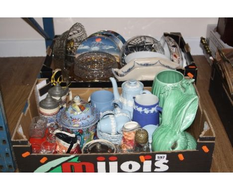 TWO BOXES OF CERAMICS AND GLASSWARE, including Sylvac, Wedgwood, 19th Century pottery tobacco jar (s.d), etc (two boxes)