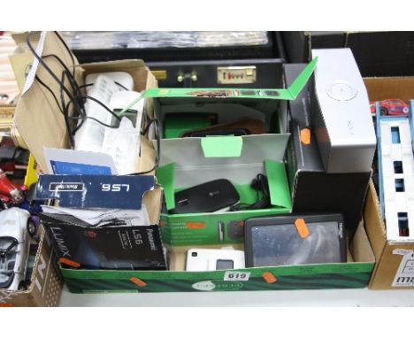A SMALL BOX OF SUNDRIES, to include boxed musicflow portable bluetooth speaker, a Tomtom, Samsung and Doro mobile phones etc