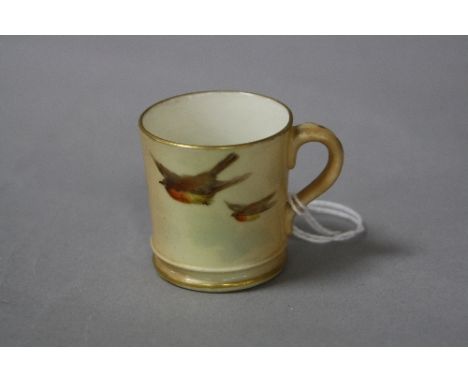 A MINIATURE ROYAL WORCESTER BLUSH IVORY MUG, decorated with birds, black backstamp, height approximately 4cm