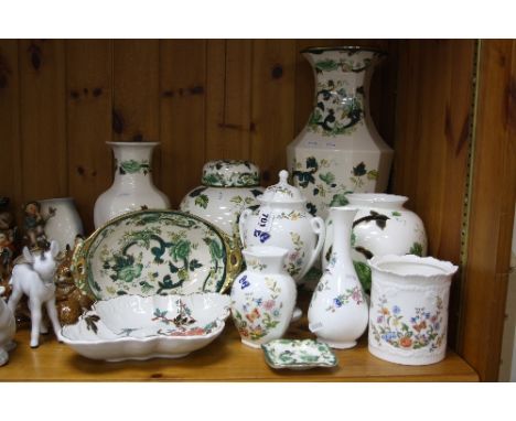 A COLLECTION OF MASONS IRONSTONE CHARTREUSE PATTERN ITEMS, including large ginger jar and cover and vase, together with Aynsl