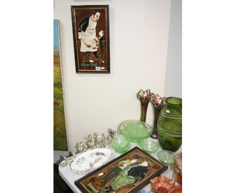 THREE FRAMED TILE PLAQUES OF DICKENS CHARACTERS, silver plated figurines, glassware and ceramics (parcel)