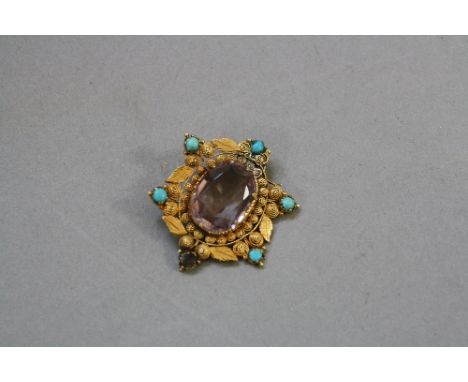 A BROOCH COLLECTION, to include a Continental amethyst and turquoise brooch, amethyst measuring approximately 16.6mm x 12.3mm