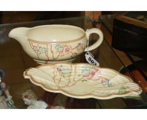 CLARICE CLIFF FOR NEWPORT POTTERY SAUCE BOAT, and a similar pattern for Wilkinson dish 'Honeyglaze' (2)