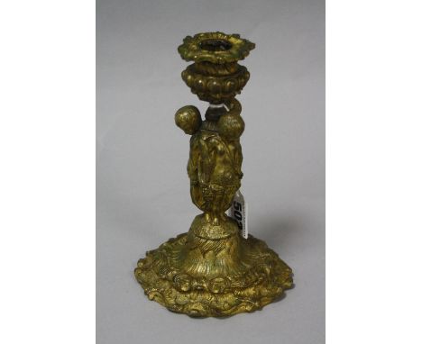 A 19TH CENTURY FRENCH GILT BRONZE CANDLESTICK, height approximately 18cm