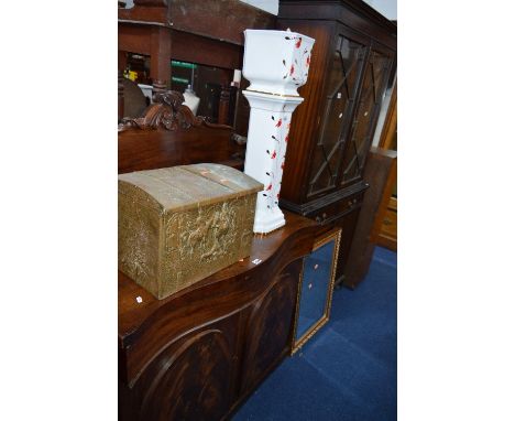 A CERAMIC PLANTER ON STAND,  a brass log box and a mirror (3)