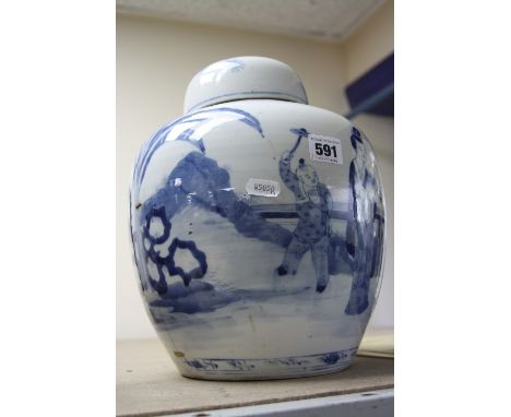 A 19TH CENTURY CHINESE BLUE AND WHITE GINGER JAR AND COVER, old staple repairs, height 29cm (a.f)