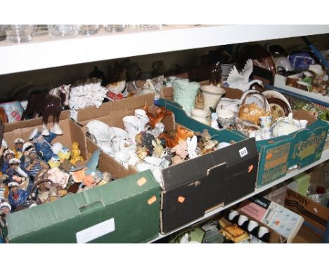 FIVE BOXES OF ASSORTED CERAMIC ORNAMENTS, collectors plates, boxed and loose, glass ships in bottles, etc
