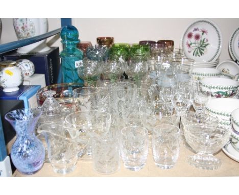 A QUANTITY OF GLASSWARE, including a Mdina decanter, a pair of 19th Century salts, Stuart Crystal glasses, harlequin hock gla