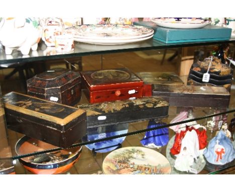 SEVEN VICTORIAN/JAPANESE LACQUERD ITEMS, to include letter rack, glove boxes, tea caddy (missing interior), etc