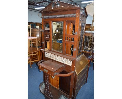 AN EDWARDIAN MAHOGANY HALL STAND, with central bevelled mirror, single drawer and tile back, approximate size height 206cm x 