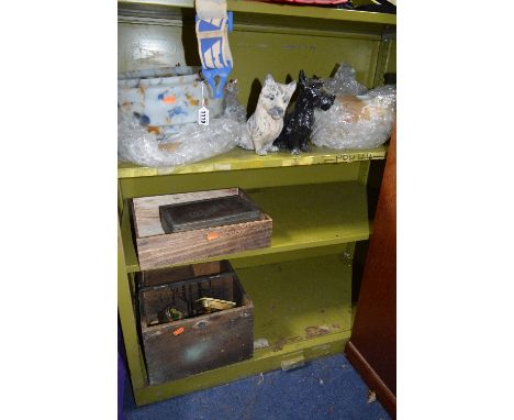 TWO VINTAGE OPALINE LAMP SHADES, two metal Scotty dog figures, three wooden boxes and a small quantity of metal tins