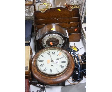A SAMLL OAK FRAMED WALL CLOCK, (pendulum), a mantel clock (pendulum) and an oak letter rack (3)