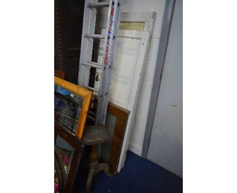 THREE PAINTED DOORS, a deco style window in frame and a tripod table base, one at 179cm x 53cm, two at 161cm x 62cm, window 5