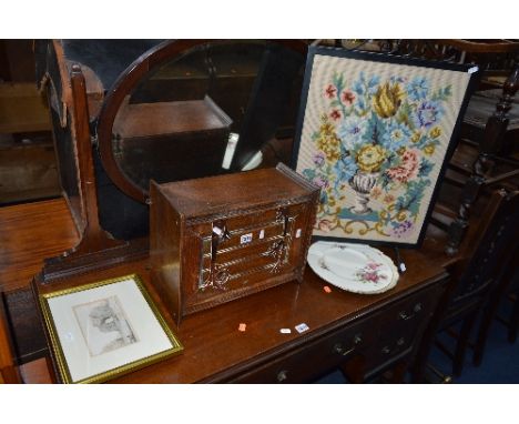 A SMALL OAK SINGLE DOOR CABINET, firescreen, two pictures and two ceramic plates (6)