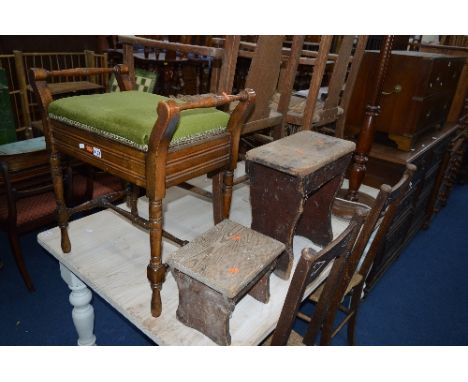 AN EDWARDIAN PIANO STOOL, two oak milking stools and a standard lamp (4)