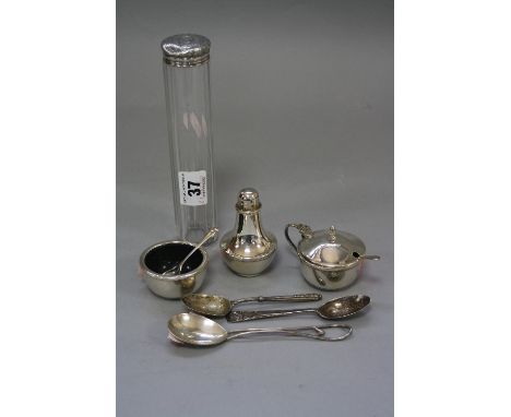 A MID 20TH CENTURY CIRCULAR SILVER THREE PIECE CONDIMENT SET, fitted plastic liners, maker Joseph Gloster Ltd, together with 
