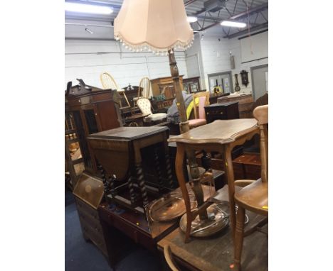 A SIDE TABLE, with two drawers, an oak barley twist gate leg table, an oak occasional table, a standard lamp and a mirror (5)