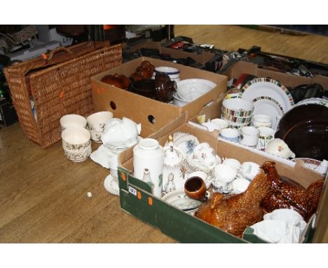 A WICKER PICNIC HAMPER WITH THREE BOXES AND LOOSE ASSORTED CERAMICS, including jelly moulds and egg baskets, together with lo