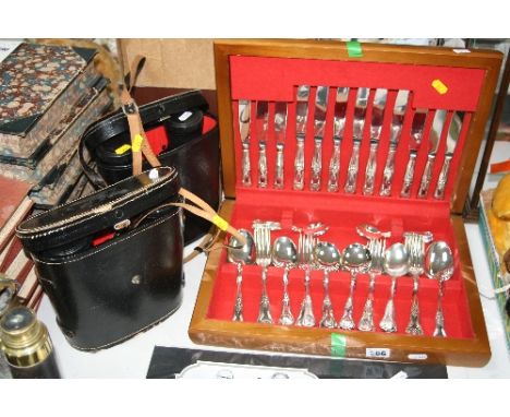 A CANTEEN OF SILVER PLATED KINGS PATTERN CUTLERY, and two pairs of cased binoculars, 'Pathescope' 10 x 50 and 'Technar' by Sw