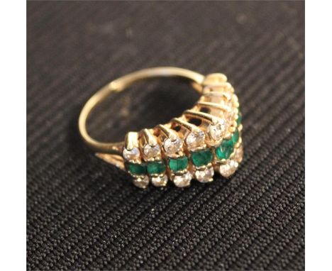 An Art Deco 14ck Gold, Diamond and Emerald Pillar Ring Total weight 6.11gms