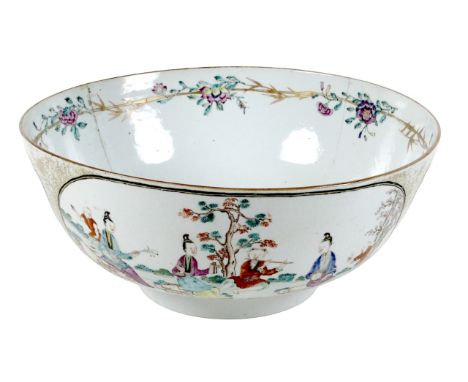 A Chinese Qing Dynasty, 18th century, famille rose porcelain bowl, polychrome enamel decorated with four reserve panels, two 