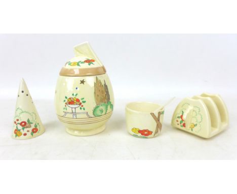 A collection of Clarice Cliff 'Napoli' pieces, comprising a Daffodil shaped pot and cover, Clarice Cliff Wilkinson Ltd marked