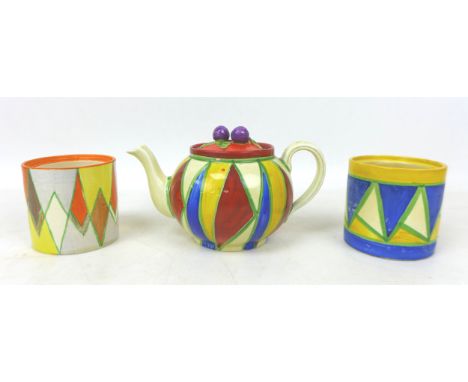 A group of Clarice Cliff Bizarre wears, comprising two drum shaped preserve pots, including 'Sungold', shape 3, 10cm high, to