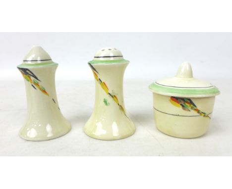 A Clarice Cliff Wilkinson Ltd 'Miami' cruet set, unmarked, tallest 8cm high. (3) 