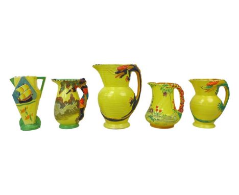 A group of predominantly Burleigh Ware Art Deco jugs, including a Highwayman and Dragon design, a/f, tallest 26cm high. (5) 