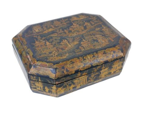 A 19th century Chinoiserie octagonal form lacquer trinket box, decorated with oriental island scenes, 38 by 30.5 by 12cm high