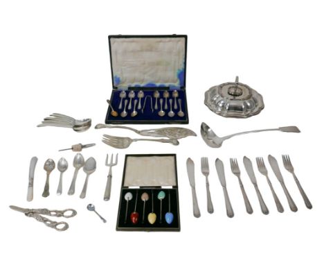 A cased set of silver and enamel coffee spoons and silver plated items, including grape scissors, a large sauce ladle. (1 bag