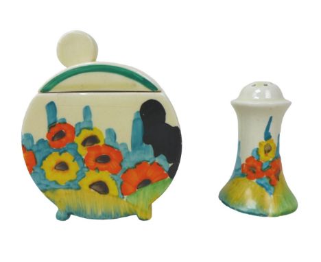 A Clarice Cliff Wilkinson Ltd 'Sandon' Bonjour preserve pot, marked to the base, 10cm high, together with a 'Sandon' Muffinee
