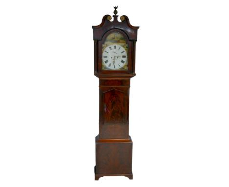 A 19th century oak long case clock, with painted Roman numeral dial, two train movement, plain case with bracket feet, 53 by 