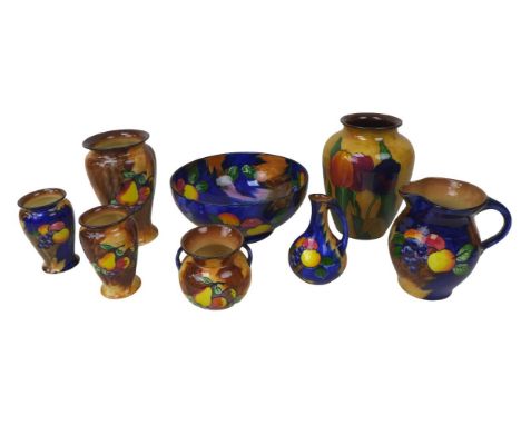 A mixed group of ceramics, including vases, jugs, largest 13cm high, and a fruit bowl, 21.5 by 21.5 by 9.5cm high, marked Roy