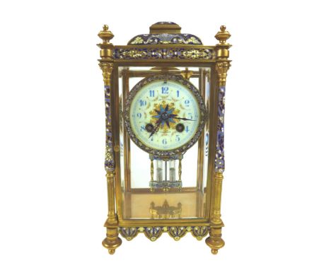 An Edwardian champleve enamel and gilt brass mantel clock, retailed by Pearce &amp; Sons, Huddersfield, decorated with multi-