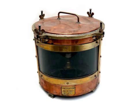 A copper and brass lamp, originally a ship's lantern, with plate stamped 'Starboard A.P.16199 S&amp;A 1952', electrical light
