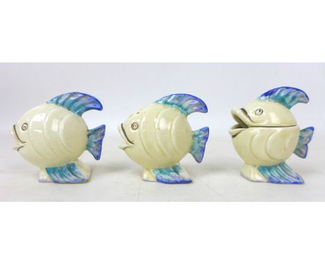 A Clarice Cliff novelty cruet set modelled as fish, only Wilkinson marks on base, 7cm high. (3) 